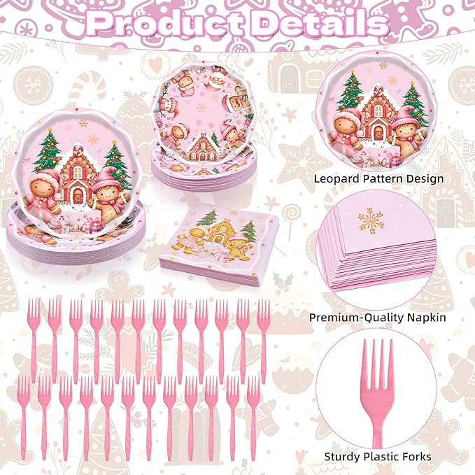100 Pcs Pink Gingerbread Christmas Tableware Party Supplies