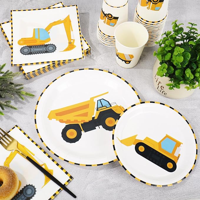 96Pcs Construction Party Tableware Dump Truck Paper Plate Napkin Cup