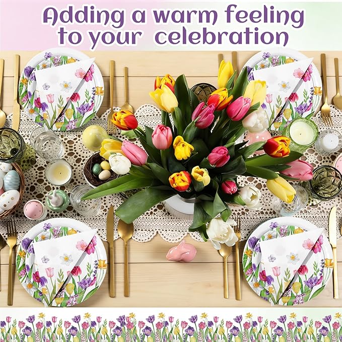 250 Pcs Tulip Floral Paper Plates and Napkins Spring Party Supplies