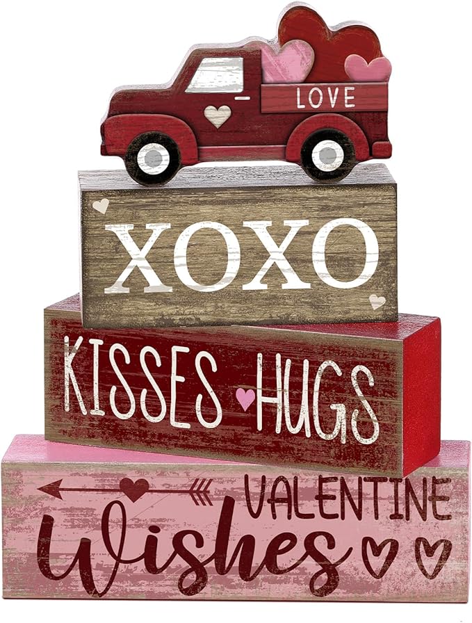 4 Pcs Valentine's Day Table Decoration Wooden Heart Truck Decor