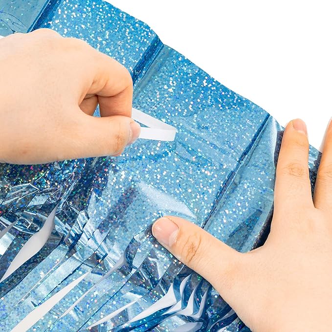 BRAVESHINE Pink Blue Tinsel Foil Fringe Curtains - 2Pcs 3.2x8.2ft