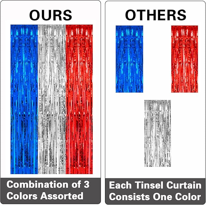 PIGETALE, 2 Pack 3.2 x 8.2 ft Red White and Blue Foil Fringe Backdrop