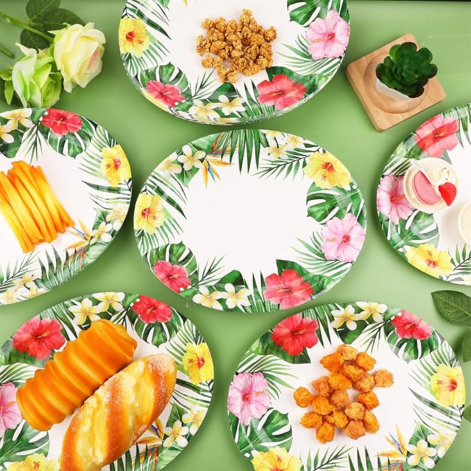 50Pcs Hawaiian Luau Oval Plates Aloha Floral Disposable Plates 11 x