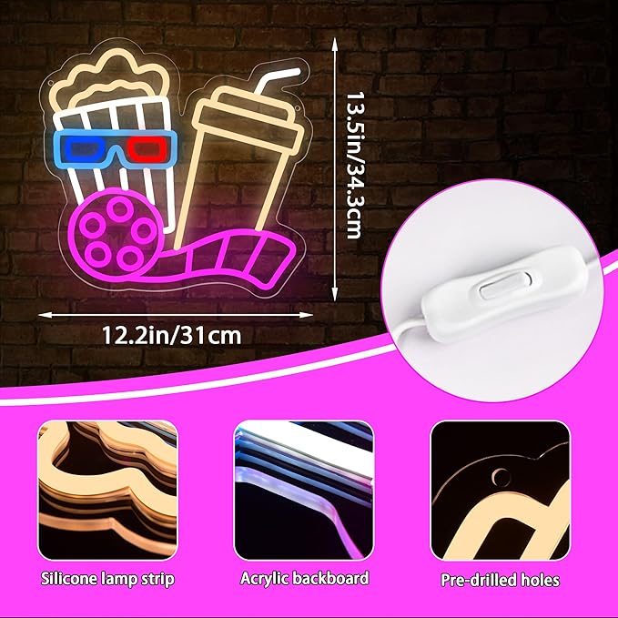 Movie Night With Popcorn Neon Sign for Wall Decor Cinema Led Neon