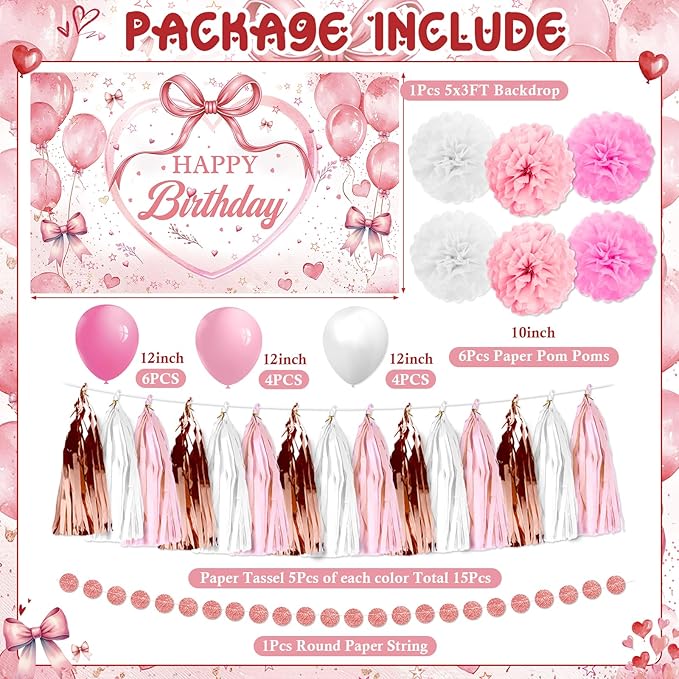 Pink Rose Gold Birthday Decorations for Girls Women Pink Bow Happy