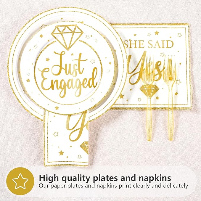 96Pcs Happy Engagement Party Supplies Gold Just Engaged Plates and
