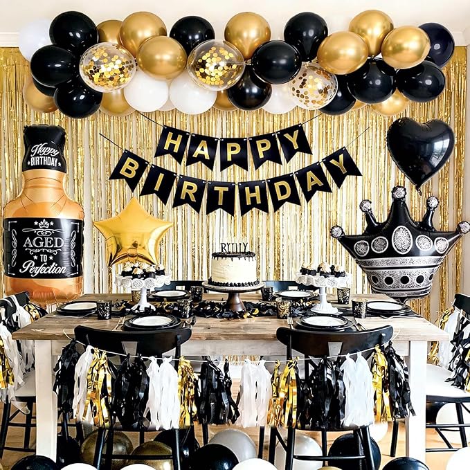 Black and Gold Party Decorations for Men with Happy Bithday Banner,
