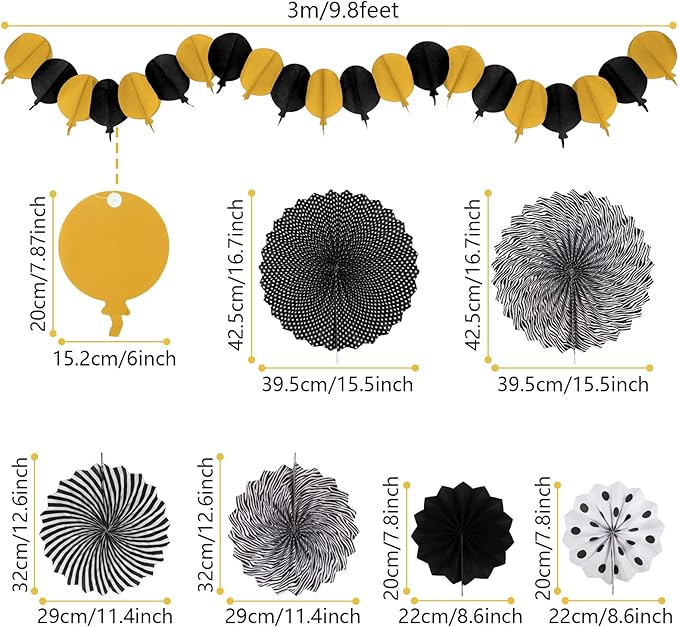 Black and Gold Decorations, Paper Pompoms Fan for Graduation Birthday