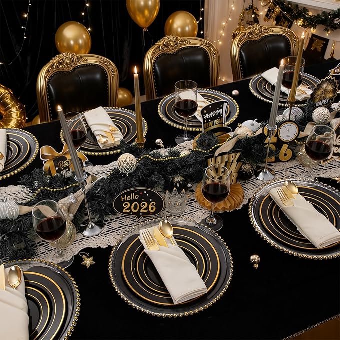 350 Pieces Black and Gold Plastic Plates with Disposable Silverware,
