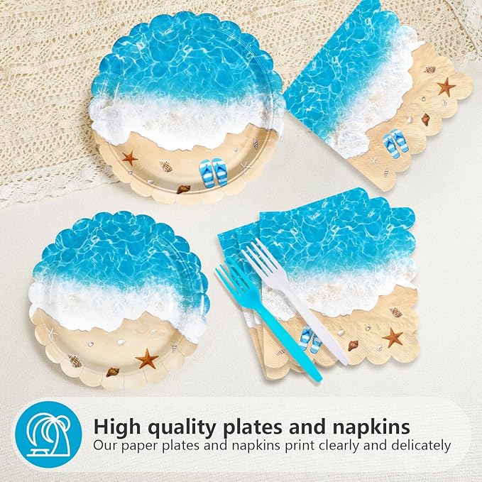 200Pcs Beach Party Decorations Ocean Waves Theme Plates and Napkins