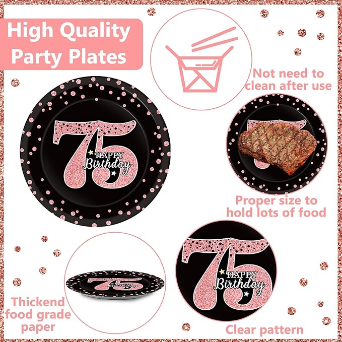 96 Pcs 75th Birthday Plates and Napkins Party Supplies Happy 75th