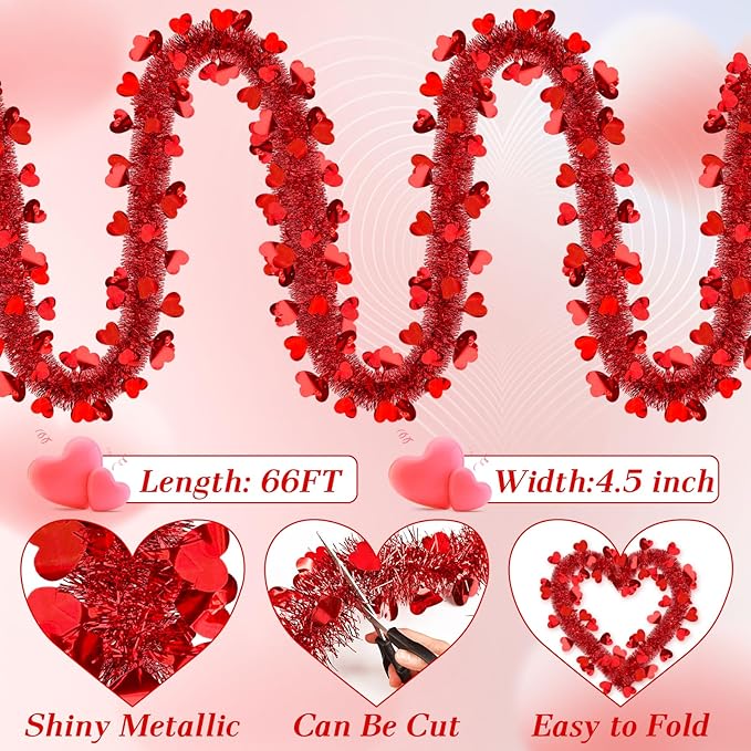 66 FT Valentine's Day Heart Tinsel Garland Decoration Red Heart