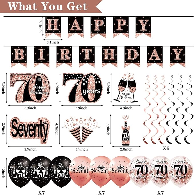 70th Birthday Decorations for Women 33pcs Kit with Crown Sash Banner