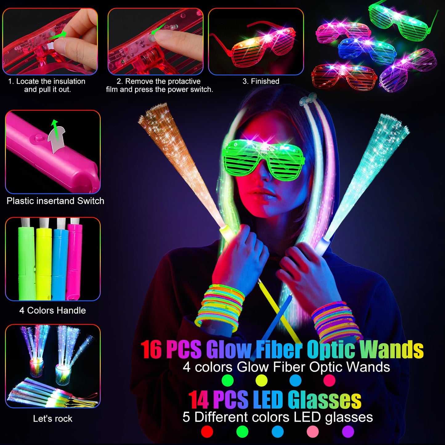OLUPP 148 PCS Glow in the Dark Party Supplies, 16 Fiber Optic Wands,