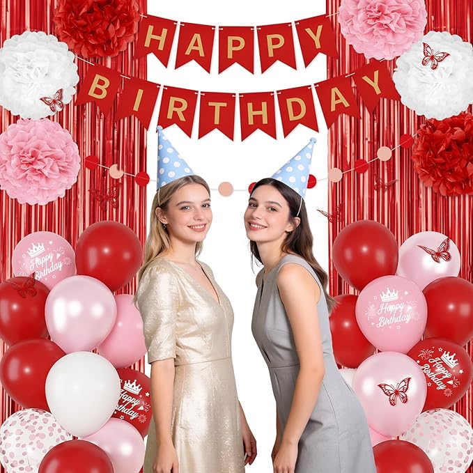 Red Birthday Decorations for Women Girls, Pearl Pink White Confetti