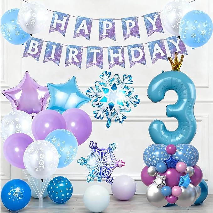 40 Inch Blue Number 3 Balloon Tower Set Winter Ice Princess Theme