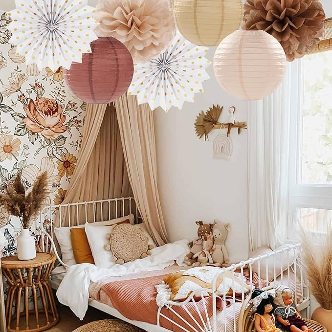 Boho Baby Shower Party Decorations Streamers Lanterns 14pcs White