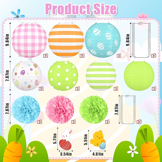 16pcs Easter Party Hanging Decorations Pastel Paper Lanterns and Pom