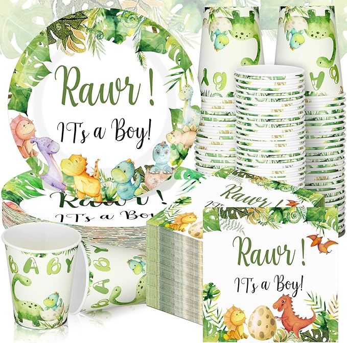 200 Pcs Dinosaur Baby Shower Paper Plates Napkins Cups Baby Shower