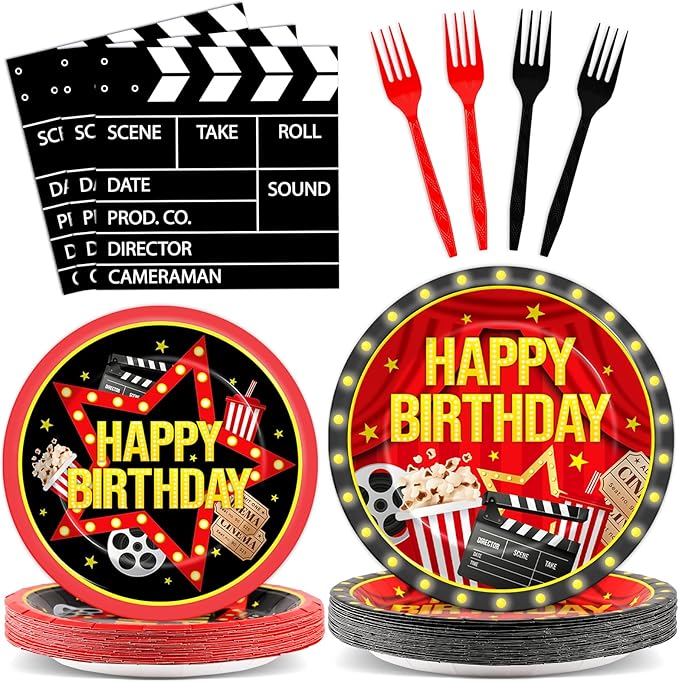 96PCS Movie Theme Birthday Party Paper Plates and Napkins Happy