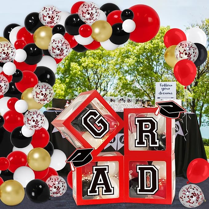 Graduation Decorations 2026 Set of 4 Red Grad Balloon Boxes with