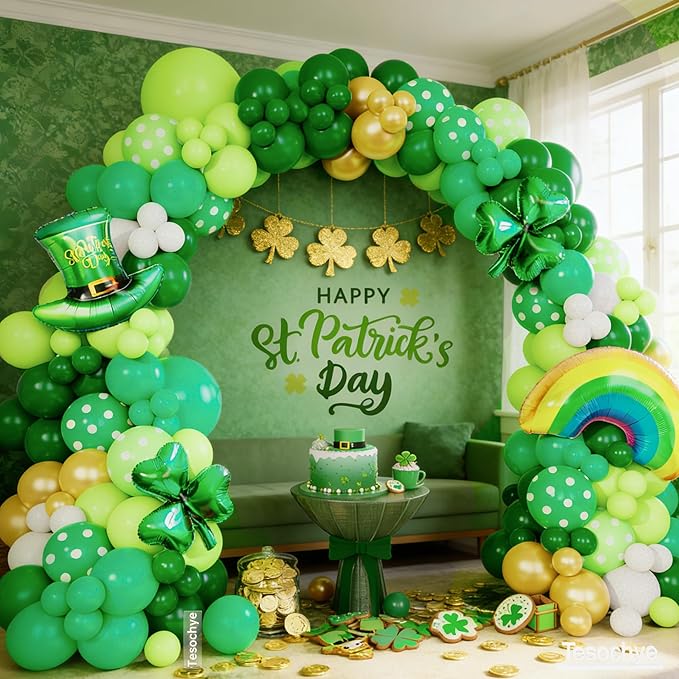 St Patrick's Day Balloon Garland Arch Kit Green Gold White Balloons