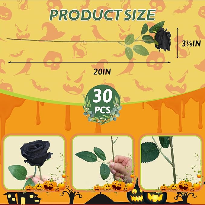 30 PCS Fake Black Roses Artificial Flowers Bulk Halloween