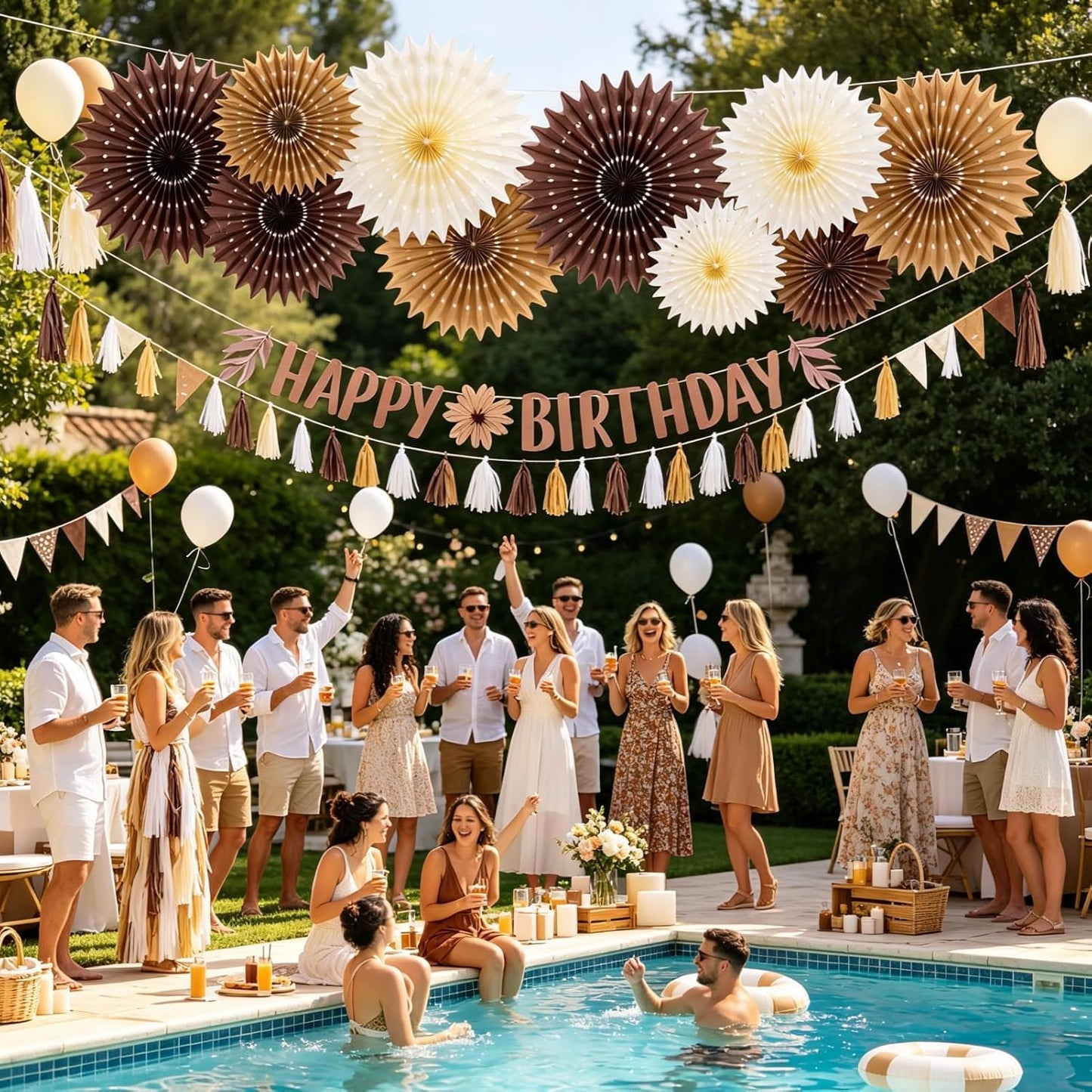 Brown Birthday Party Decorations for Women Neutral Boho Happy Banner