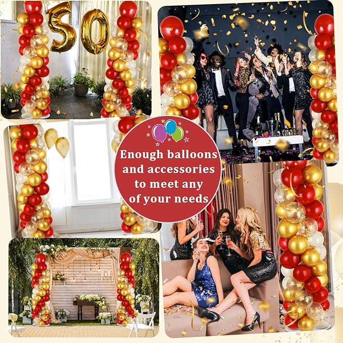 2 Sets Red Gold Balloon Column Stand Kit with 100 Balloons Adjustable