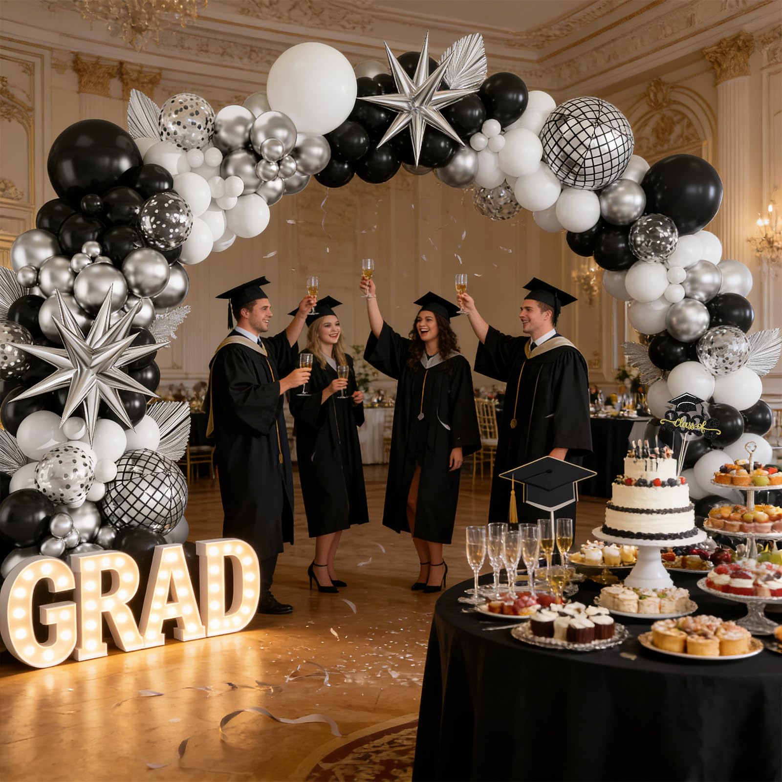 Black Silver Balloon Arch Kit 138Pcs Black White Metallic Silver