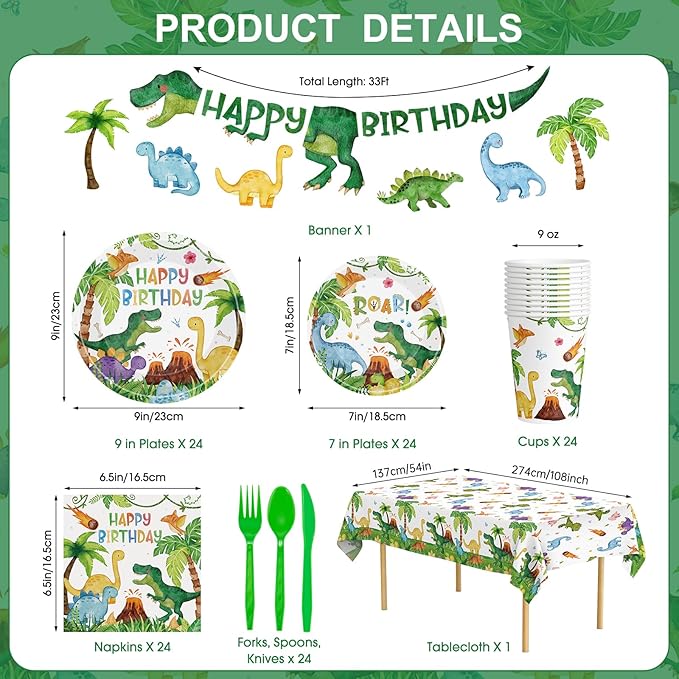 170 Pcs Dinosaur Birthday Decorations Jungle Dino Party Supplies