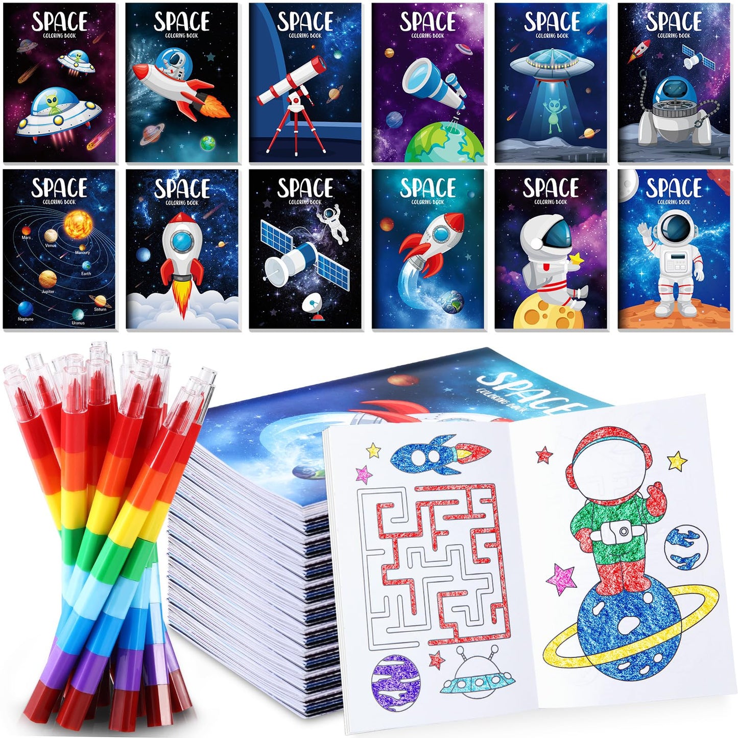 BenLouis 12 Outer Space Mini Coloring Books Kids with 12 Stacking