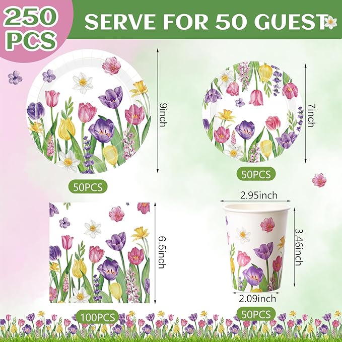 250 Pcs Tulip Floral Paper Plates and Napkins Spring Party Supplies