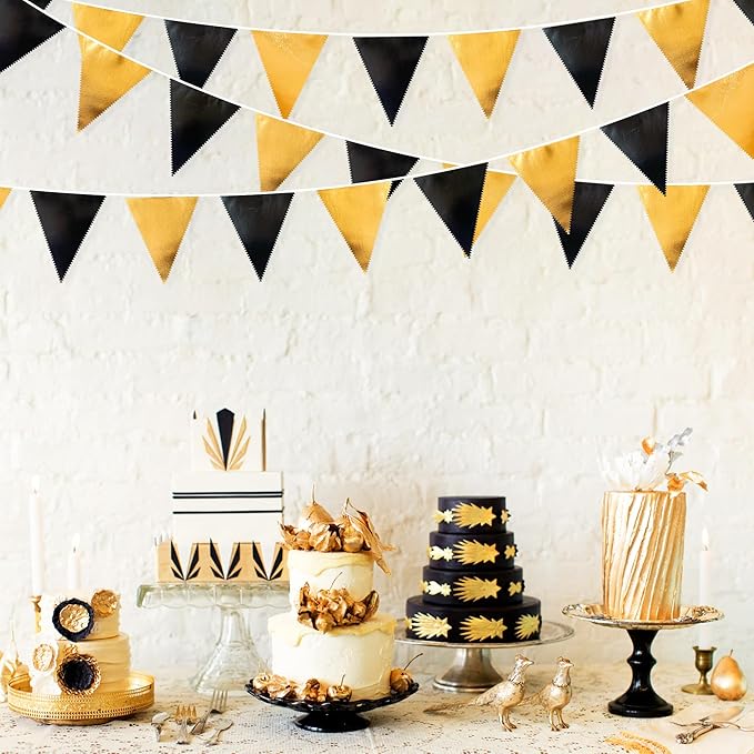 Black and Gold Party Decorations Triangle Pennant Banner Flag