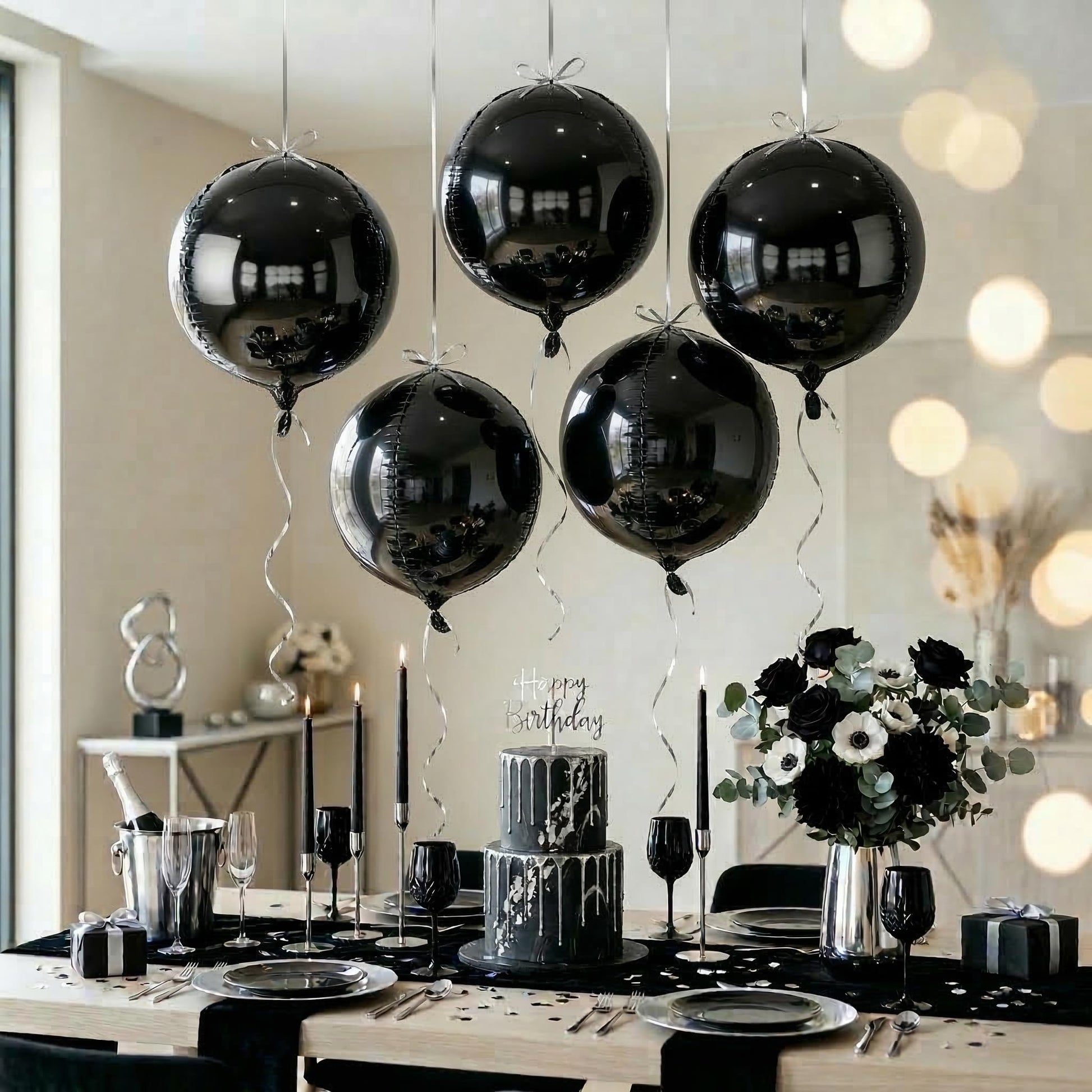 Metallic Black Round Foil Balloons, 22" Large 4D Sphere Mylar Balloons