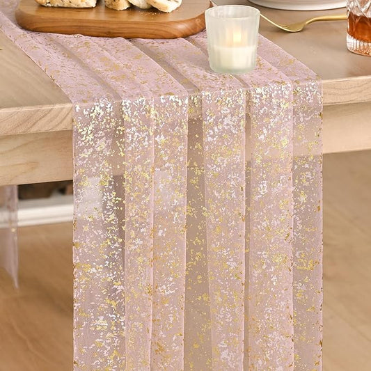 Artoid Mode Gold Gauze Pink Table Runner 120 Inch 10FT, Glitter