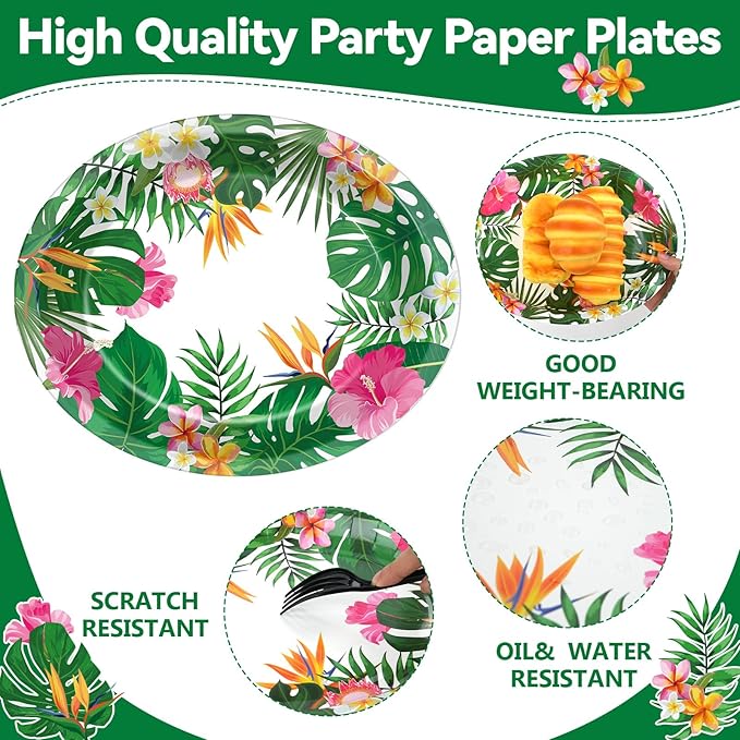 50PCS Hawaiian Luau Party Oval Paper Plates Green Leaf Shape Napkins