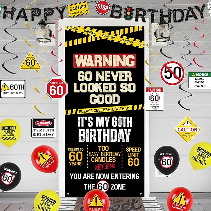 60th Birthday Decorations Men Women Caution Logo 60 Never Looked So