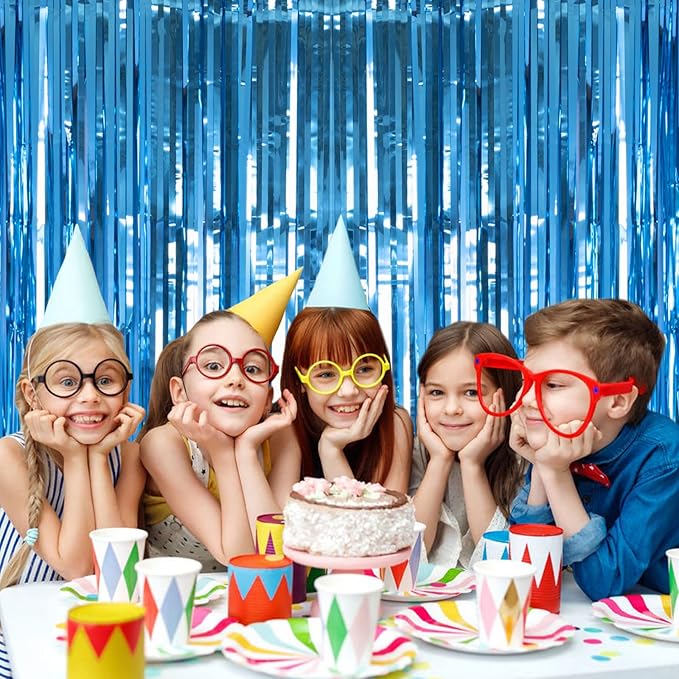 2 Pack Lake Blue Foil Fringe Curtains Tinsel Backdrop, 3.2Ft x 8.2Ft