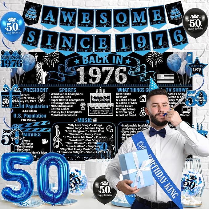 50th Birthday Decorations for Men Black Blue Back in 1976 Poster