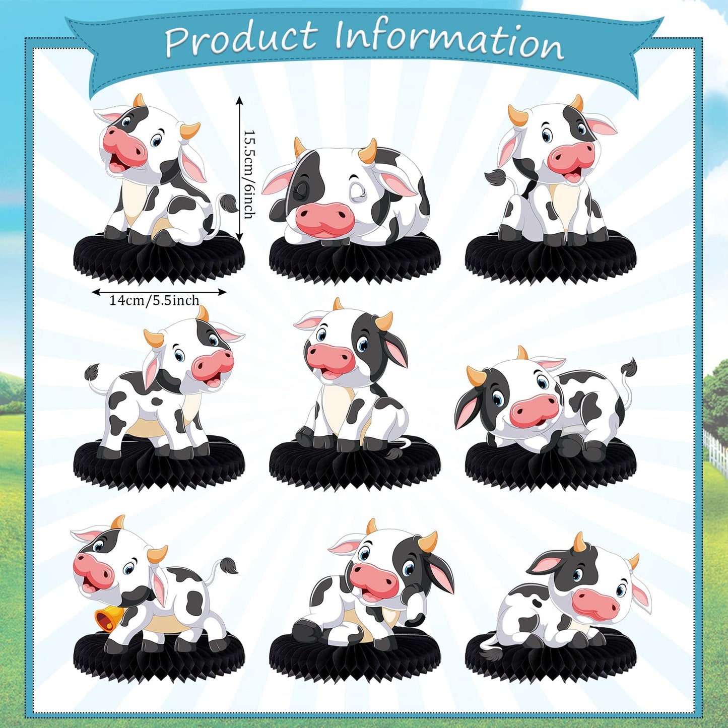 9 Pcs Cow Honeycomb Centerpieces Farm Animals Cow Table Topper