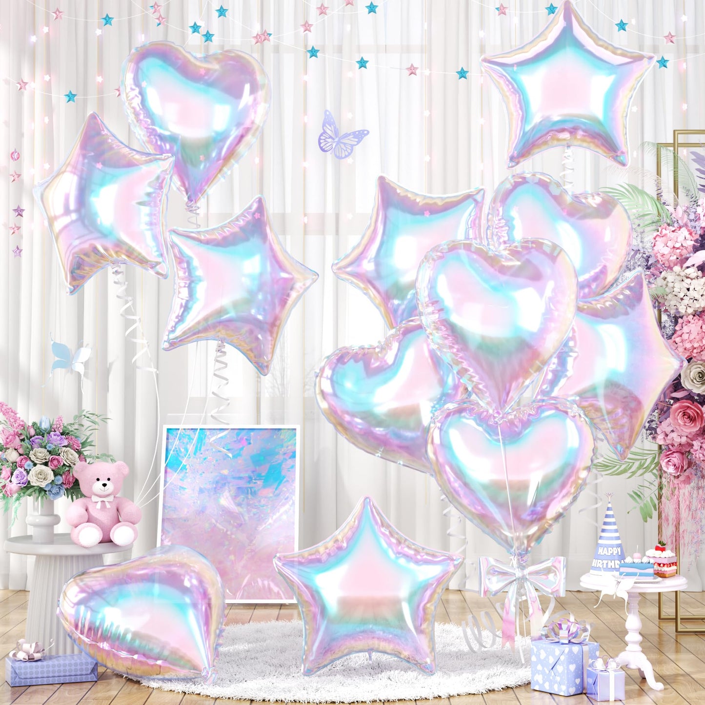 Iridescent Heart Balloons, 12PCS Holographic Clear Star Balloons, 18