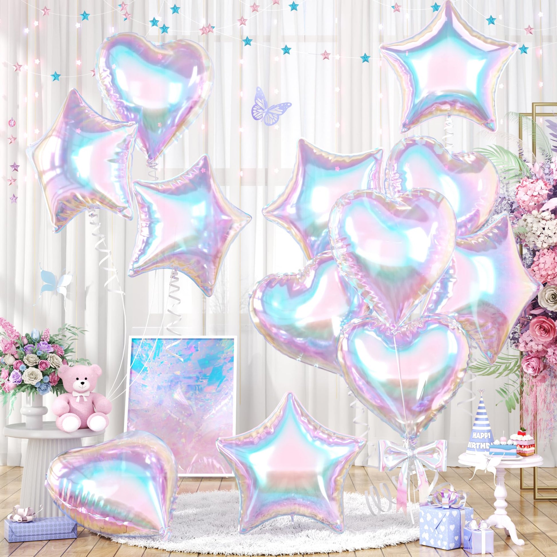 Iridescent Heart Balloons, 12PCS Holographic Clear Star Balloons, 18