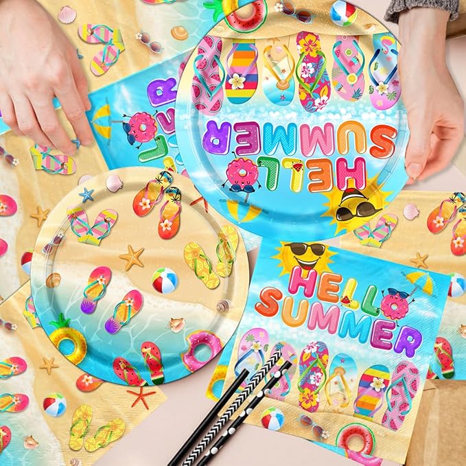Beach Party Decorations 60 Pcs Hello Summer Flip Flop Decor Plates &