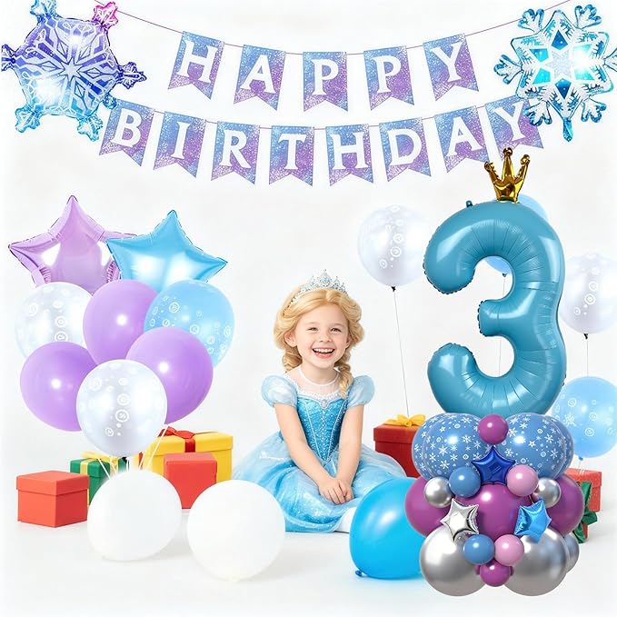 40 Inch Blue Number 3 Balloon Tower Set Winter Ice Princess Theme
