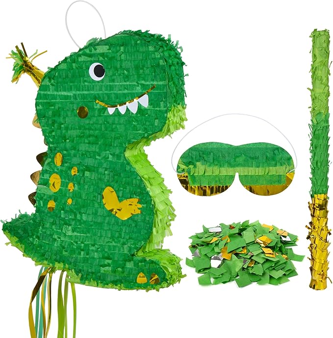 Small Dinosaur Pinata T Rex Green Gold with a Blindfold a Bat and
