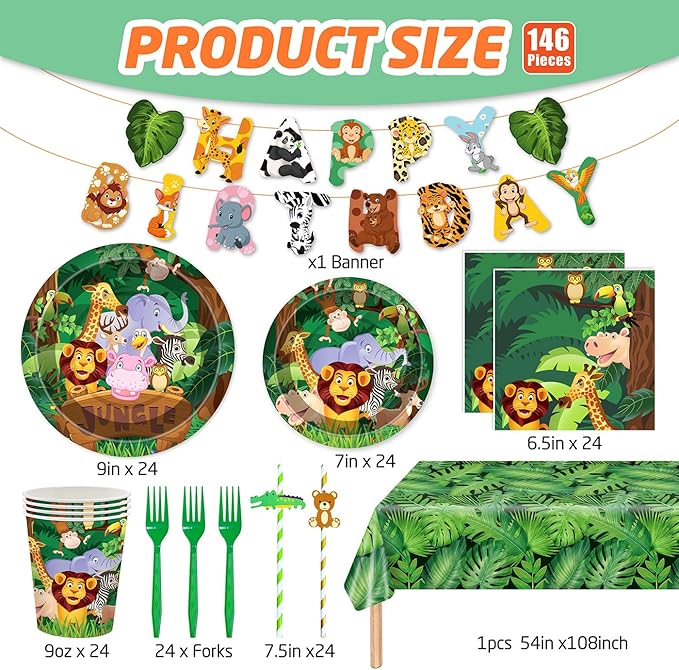 146Pcs Jungle Wild Animal Plates and Napkins Jungle Safari Party