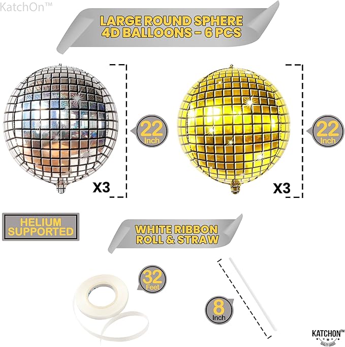 KatchOn, Large Gold and Silver Disco Ball Balloons - 22 Inch, Pack of