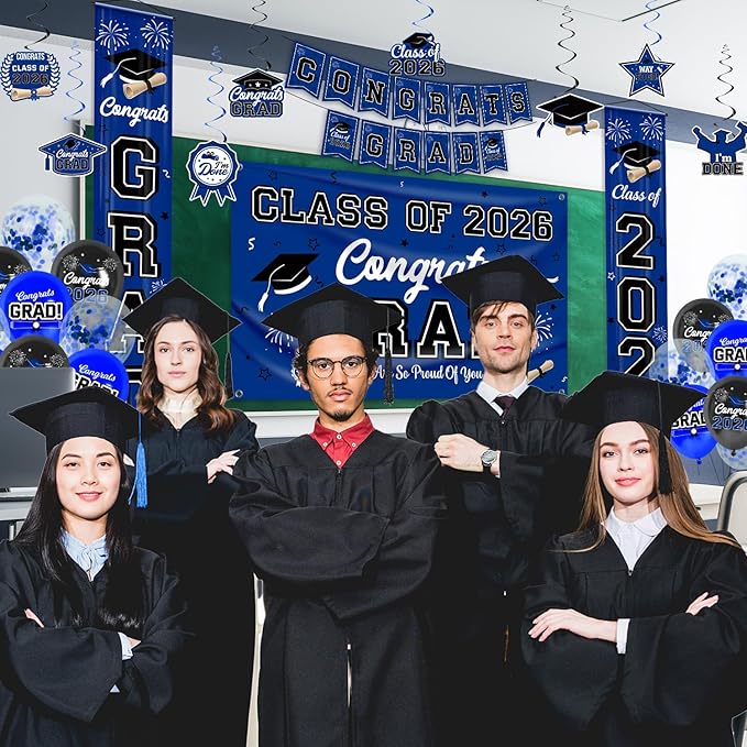 Graduation Decorations Blue Party Decor Set include Congrats Grad