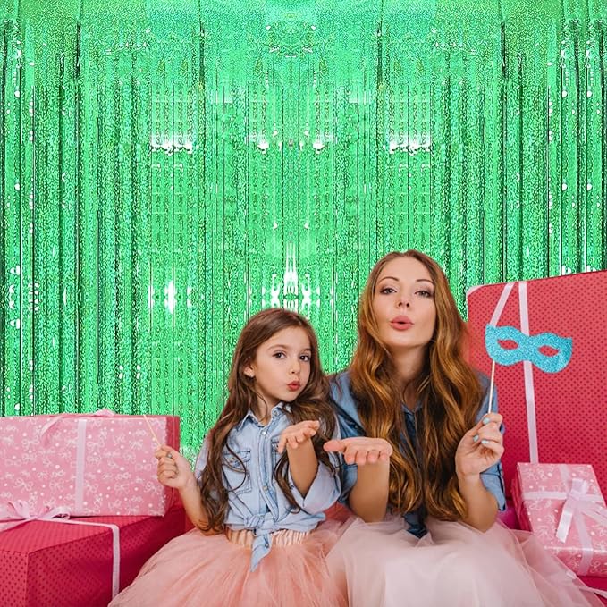 2 Pack 3.2ft x 8.2ft Green Foil Fringe Curtain, Metallic Tinsel Foil
